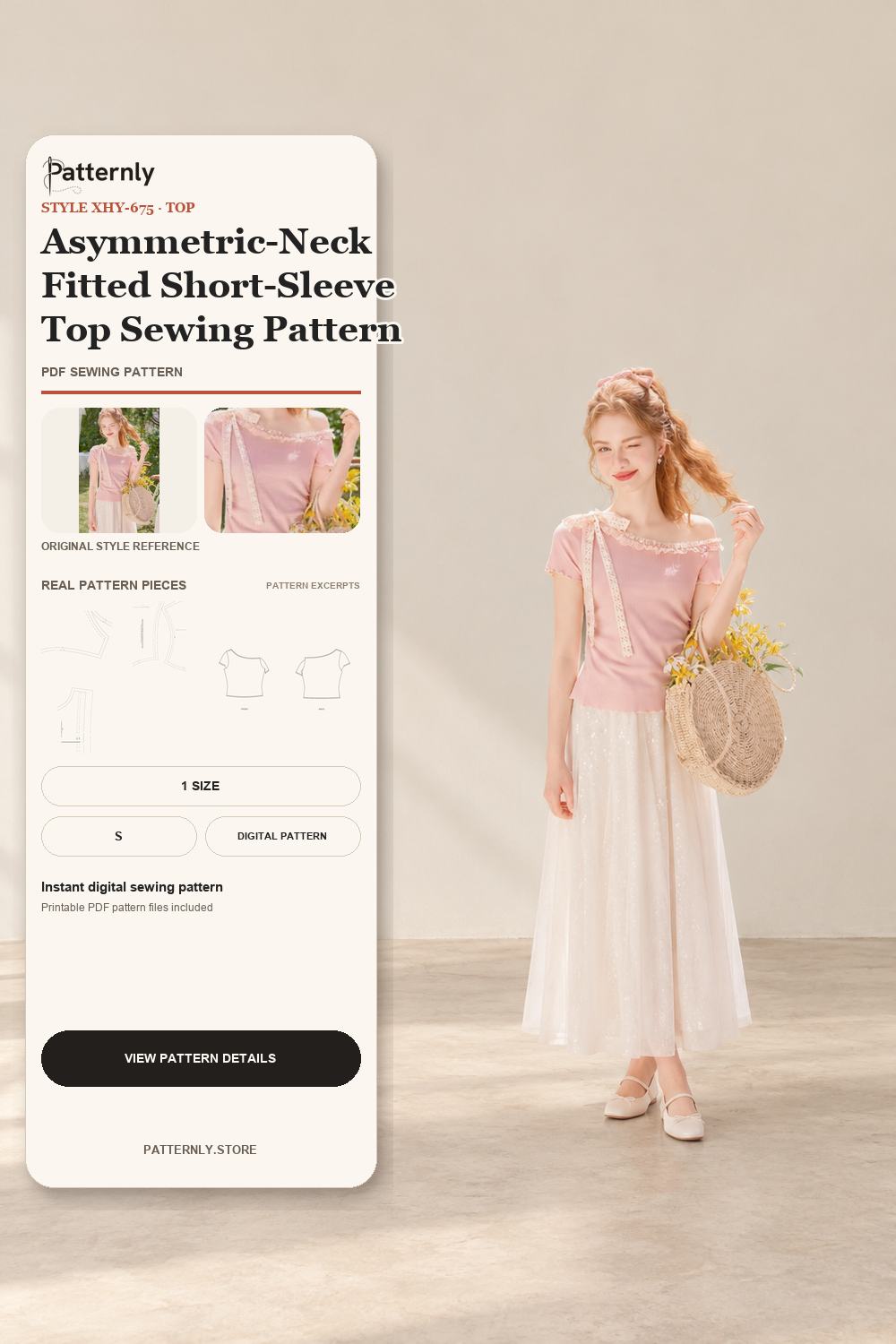 Asymmetric-Neck Fitted Short-Sleeve Top Sewing Pattern cover