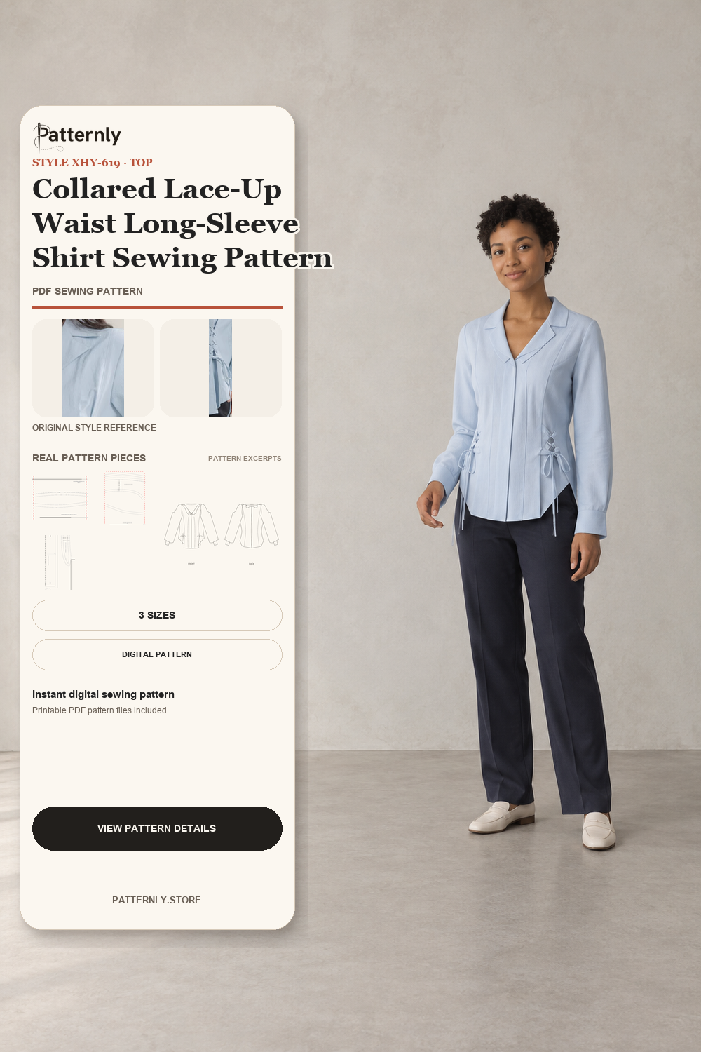 Collared Lace-Up Waist Long-Sleeve Shirt Sewing Pattern cover