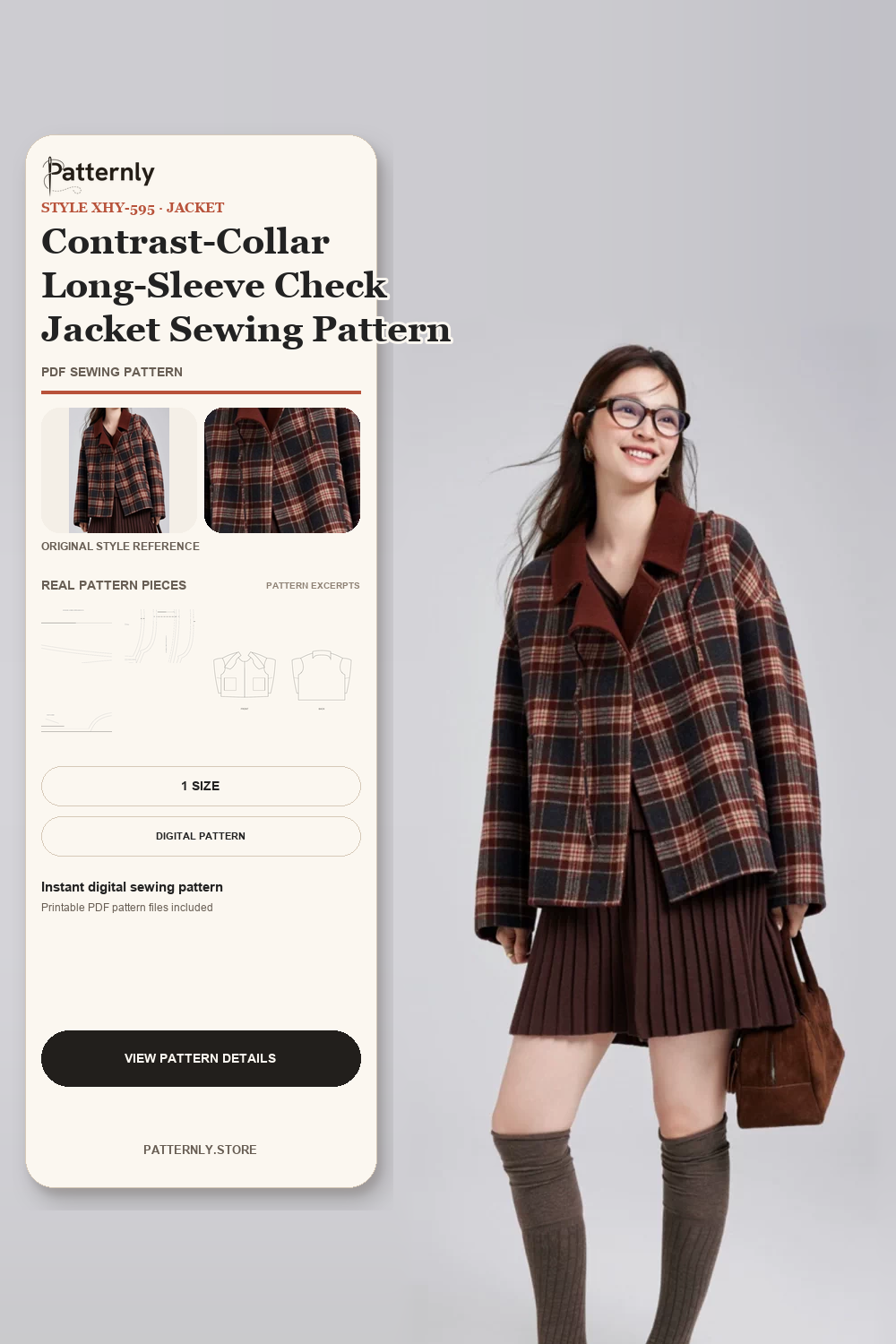 Contrast-Collar Long-Sleeve Check Jacket Sewing Pattern cover