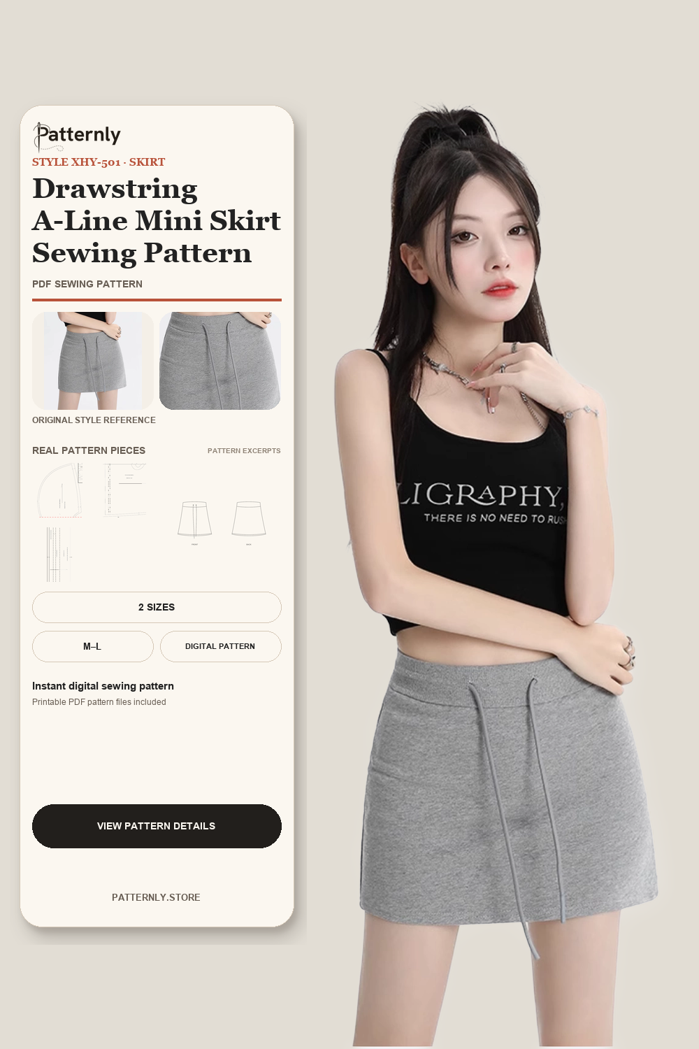 Drawstring A-Line Mini Skirt Sewing Pattern cover