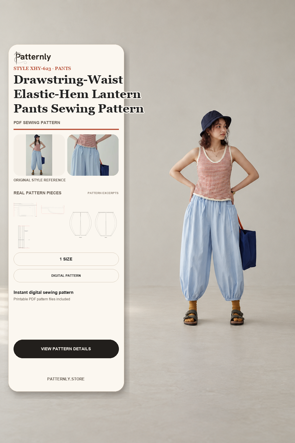 Drawstring-Waist Elastic-Hem Lantern Pants Sewing Pattern cover