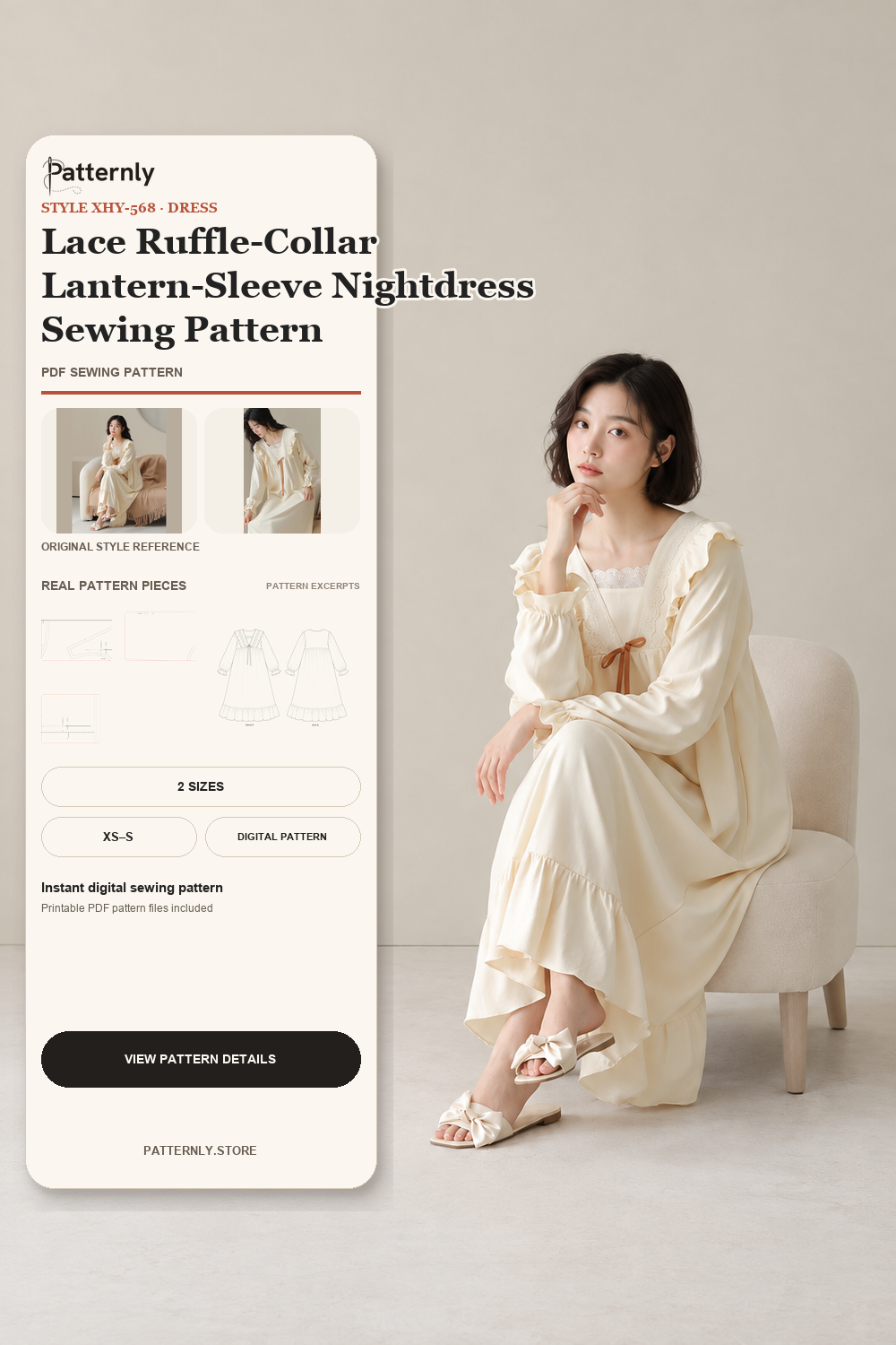 Lace Ruffle-Collar Lantern-Sleeve Nightdress Sewing Pattern cover
