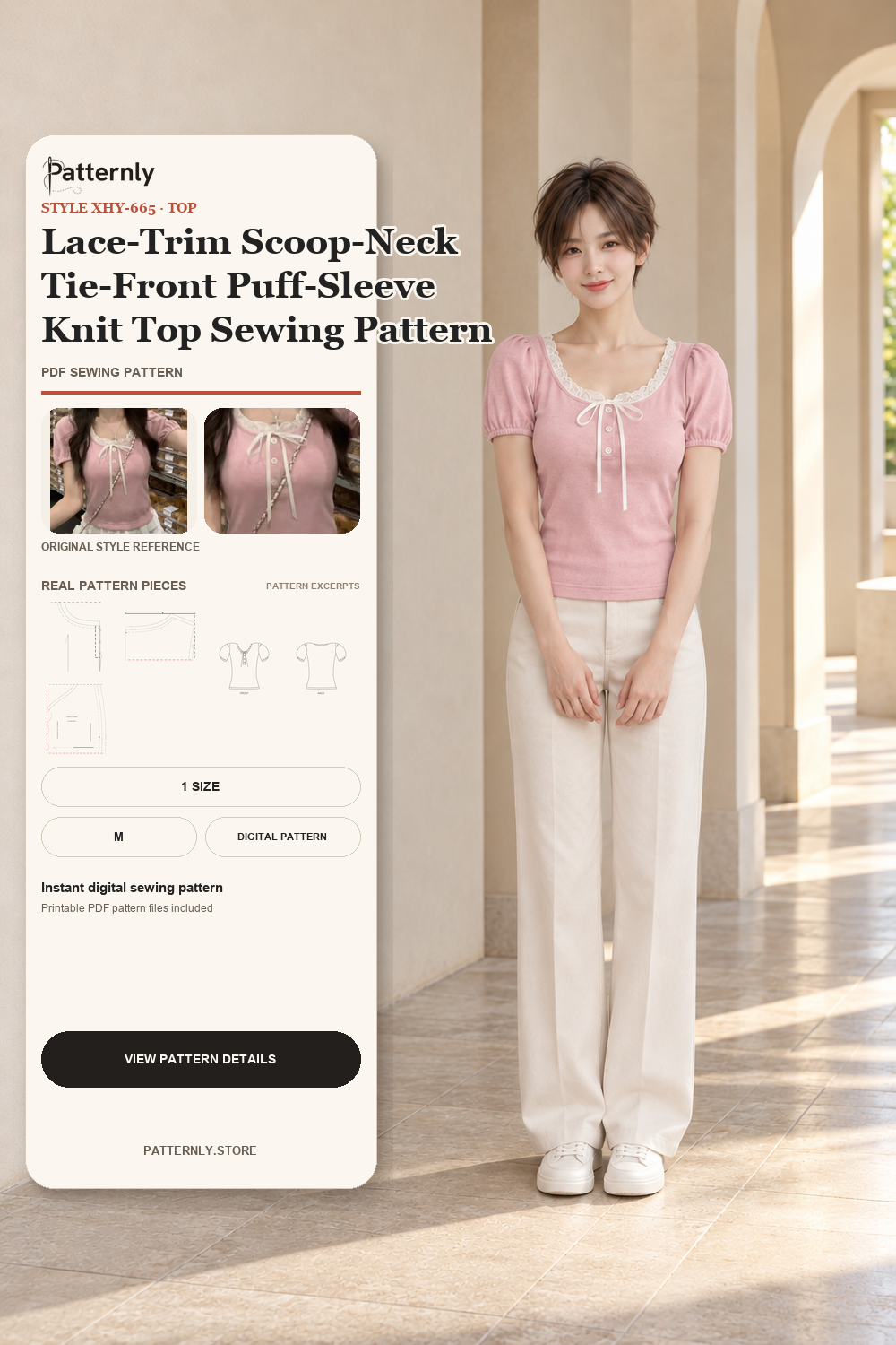 Lace-Trim Scoop-Neck Tie-Front Puff-Sleeve Knit Top Sewing Pattern cover