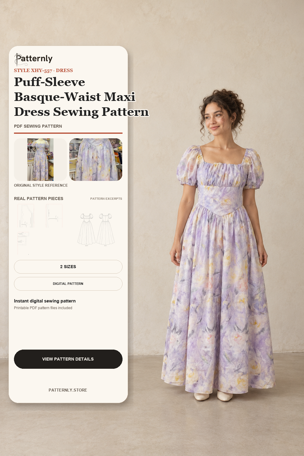 Puff-Sleeve Basque-Waist Maxi Dress Sewing Pattern cover