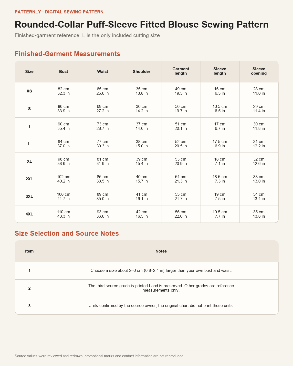 Full six finished measurements in cm/inches for eight reference grades; L only cutting pattern. Source grade I retained.