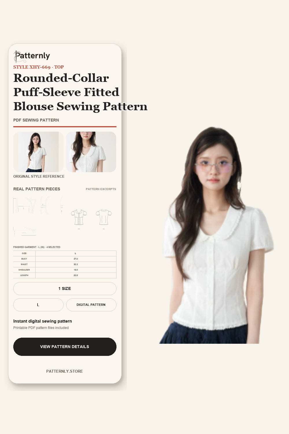 Rounded-Collar Puff-Sleeve Fitted Blouse Sewing Pattern cover
