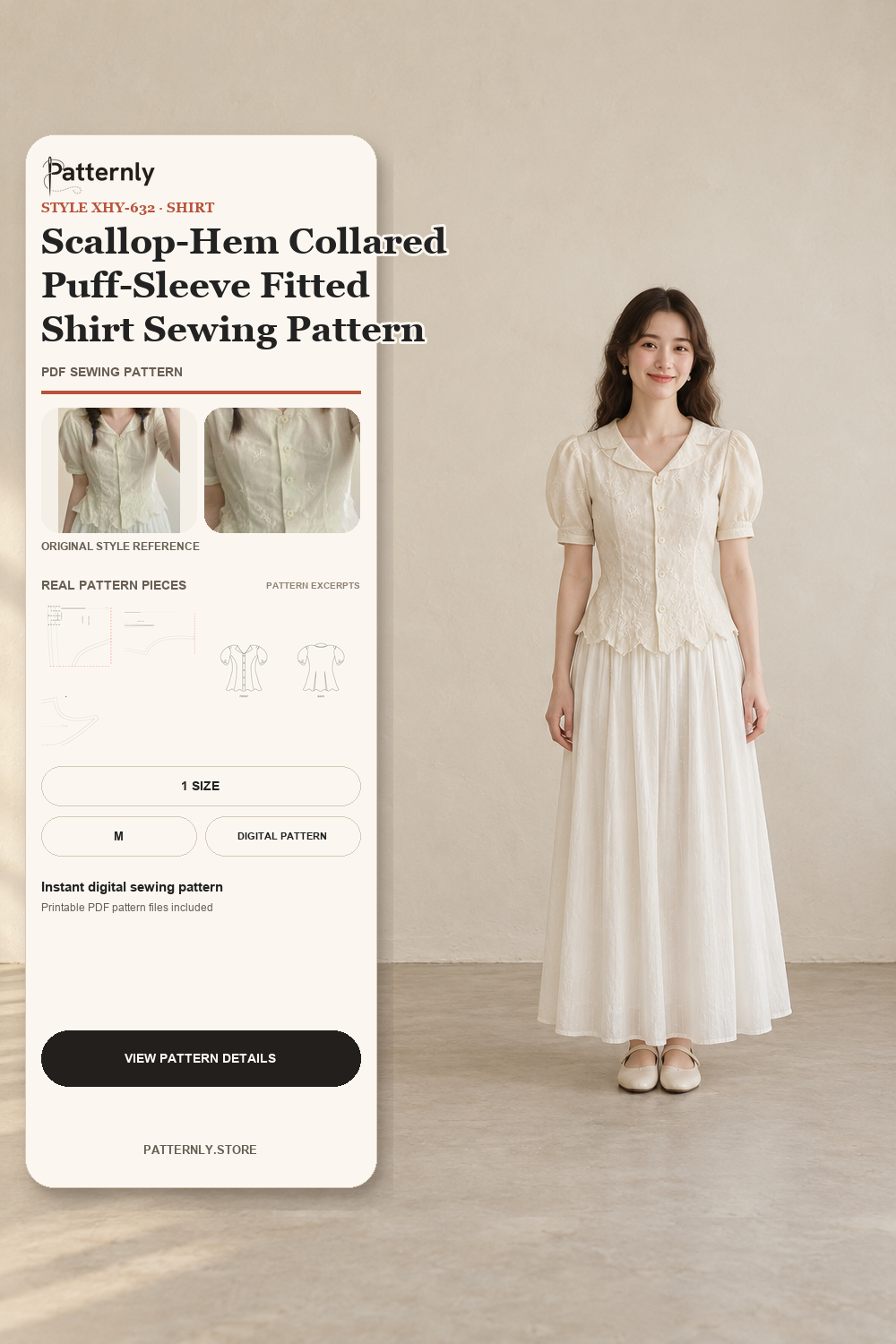 Scallop-Hem Collared Puff-Sleeve Fitted Shirt Sewing Pattern cover