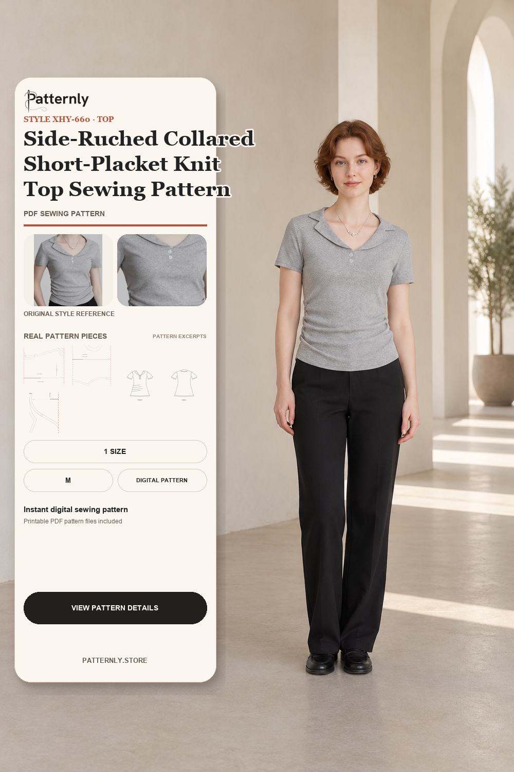 Side-Ruched Collared Short-Placket Knit Top Sewing Pattern — garment reference, authentic pattern preview and front/back flat