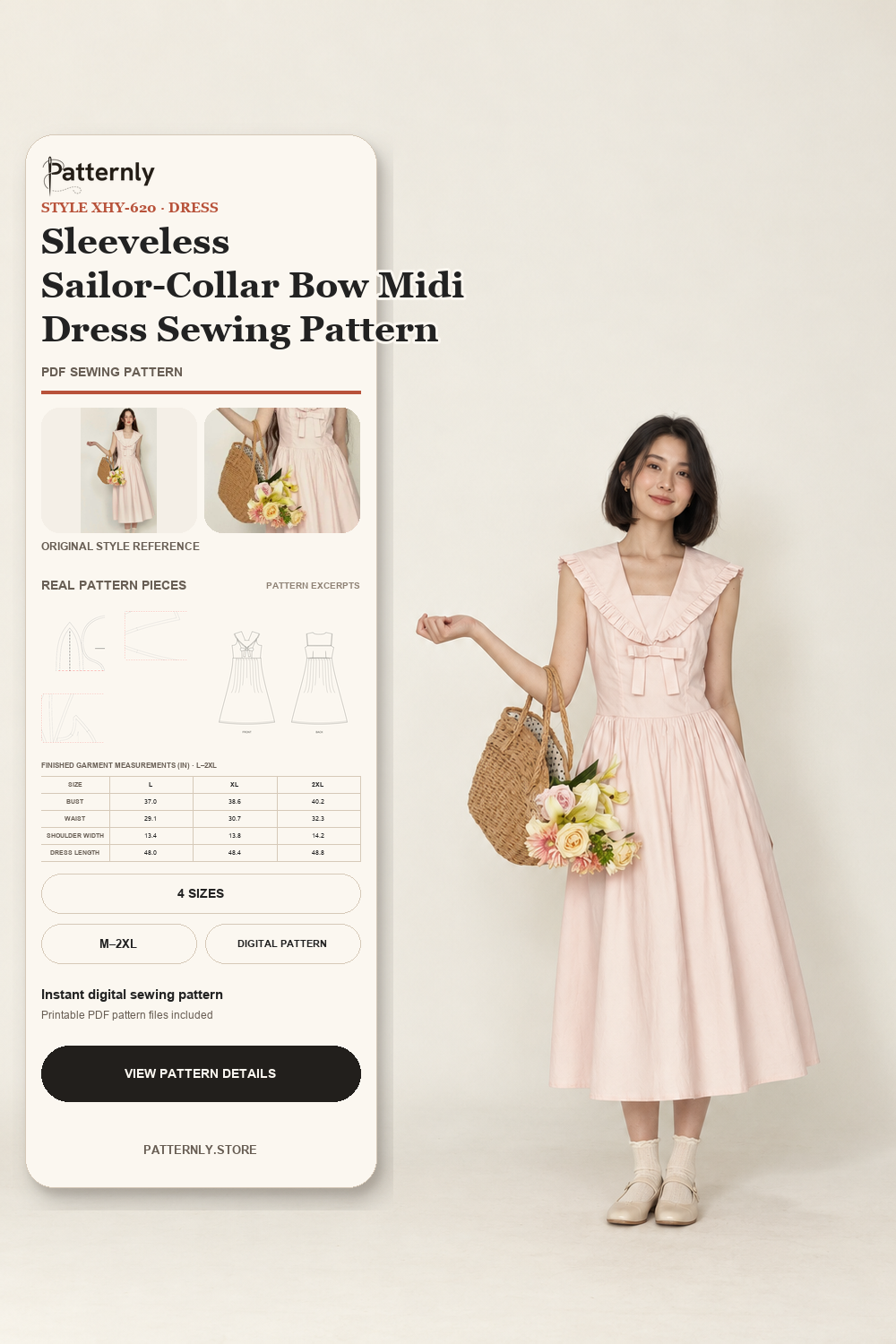 Sleeveless Sailor-Collar Bow Midi Dress Sewing Pattern cover