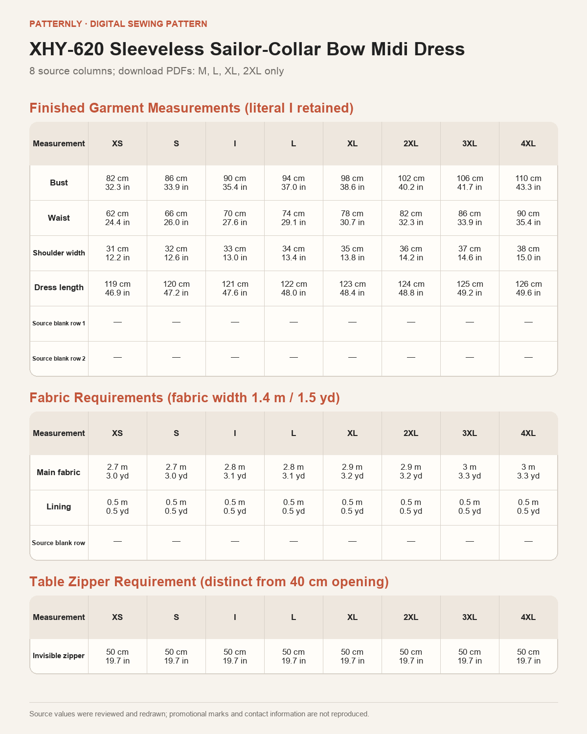 English size and supplies reference: eight literal source headers XS, S, I, L, XL, 2XL, 3XL, 4XL; downloads are only M, L, XL and 2XL; I is not mapped to M