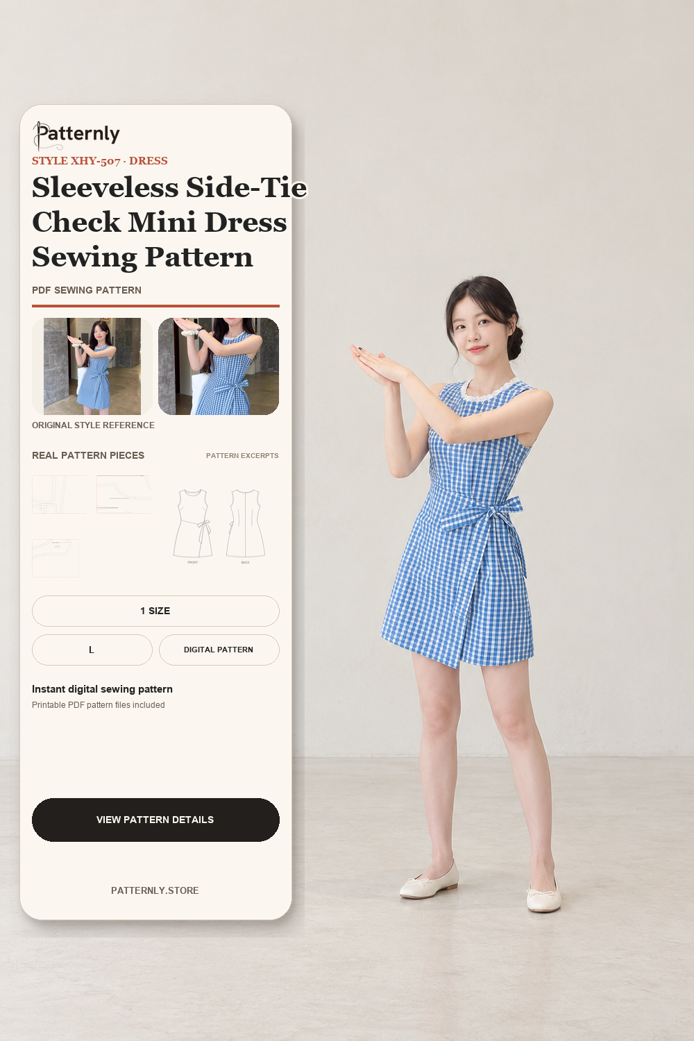 Sleeveless Side-Tie Check Mini Dress Sewing Pattern cover