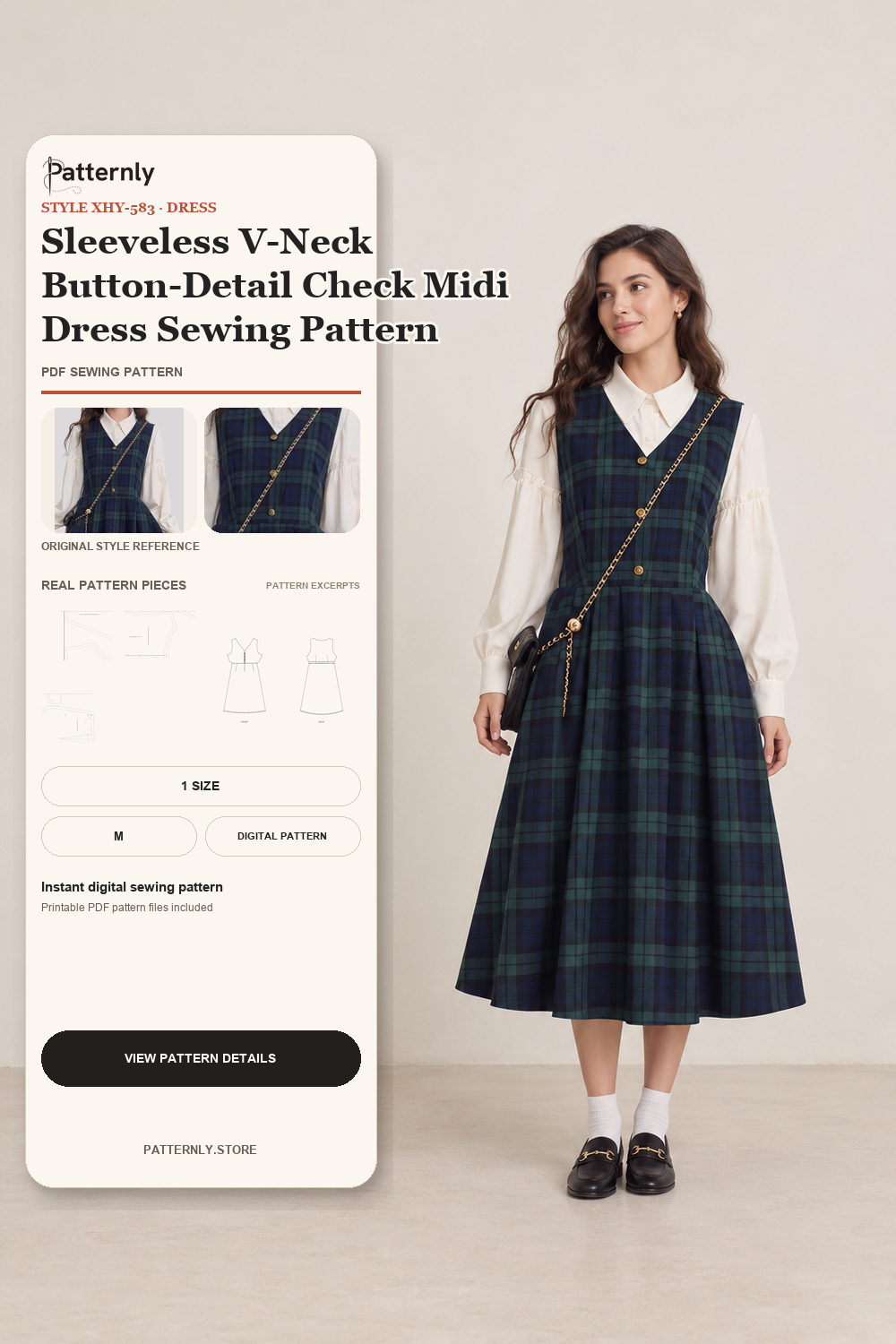 Sleeveless V-Neck Button-Detail Check Midi Dress Sewing Pattern cover