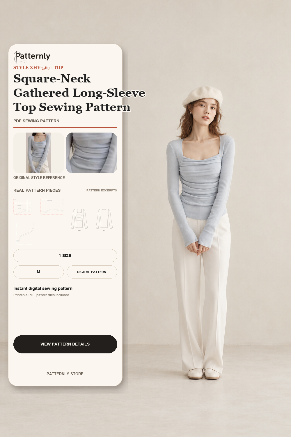 Square-Neck Gathered Long-Sleeve Top Sewing Pattern cover