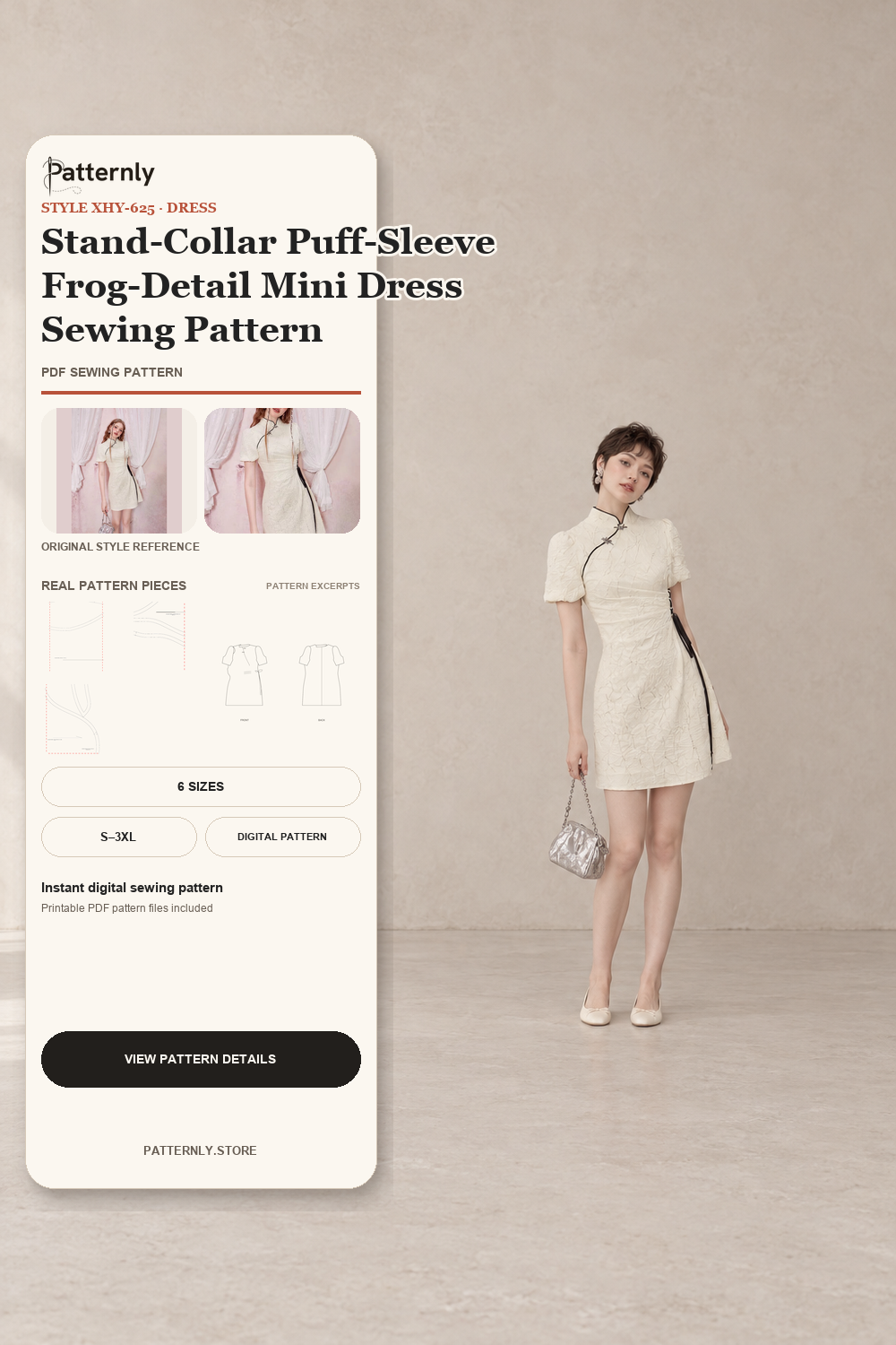 Stand-Collar Puff-Sleeve Frog-Detail Mini Dress Sewing Pattern cover