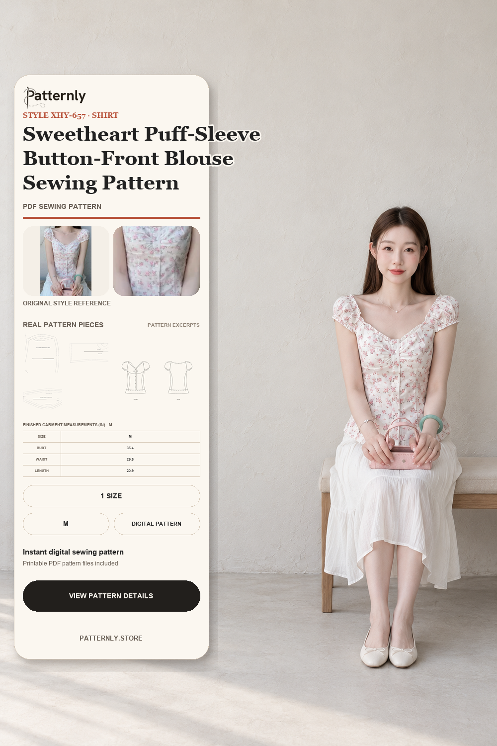 Sweetheart Puff-Sleeve Button-Front Blouse Sewing Pattern cover