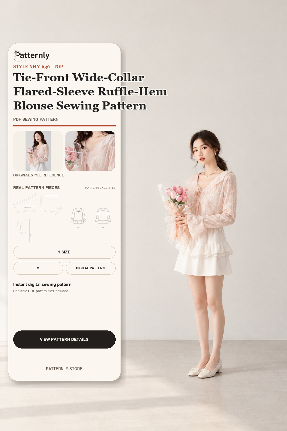 Tie-Front Wide-Collar Flared-Sleeve Ruffle-Hem Blouse Sewing Pattern cover