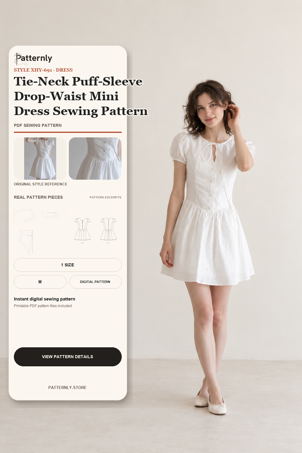 Tie-Neck Puff-Sleeve Drop-Waist Mini Dress Sewing Pattern cover