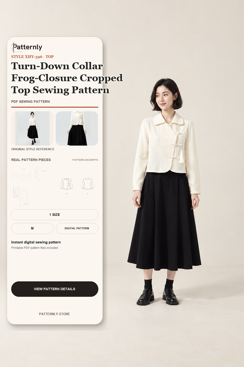 Turn-Down Collar Frog-Closure Cropped Top Sewing Pattern — garment reference, authentic pattern preview and front/back flat