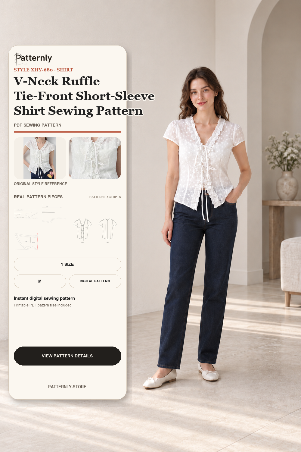 V-Neck Ruffle Tie-Front Short-Sleeve Shirt Sewing Pattern cover