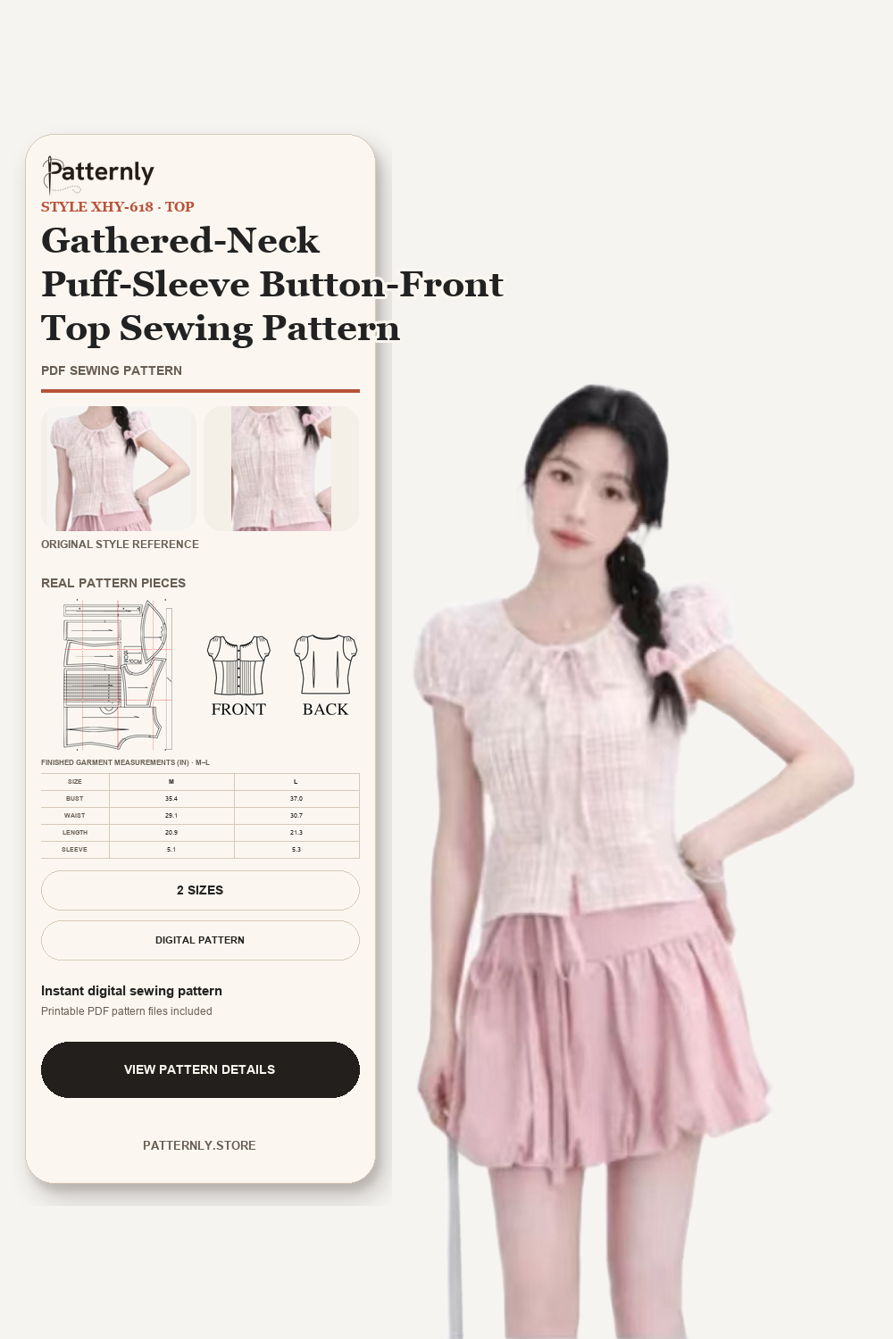 Gathered-Neck Puff-Sleeve Button-Front Top Sewing Pattern cover