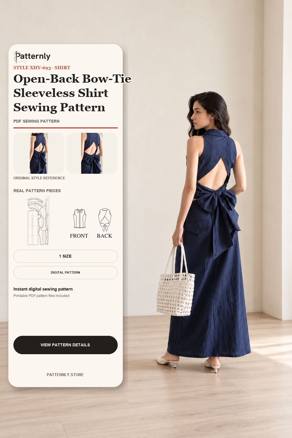 Open-Back Bow-Tie Sleeveless Shirt Sewing Pattern cover