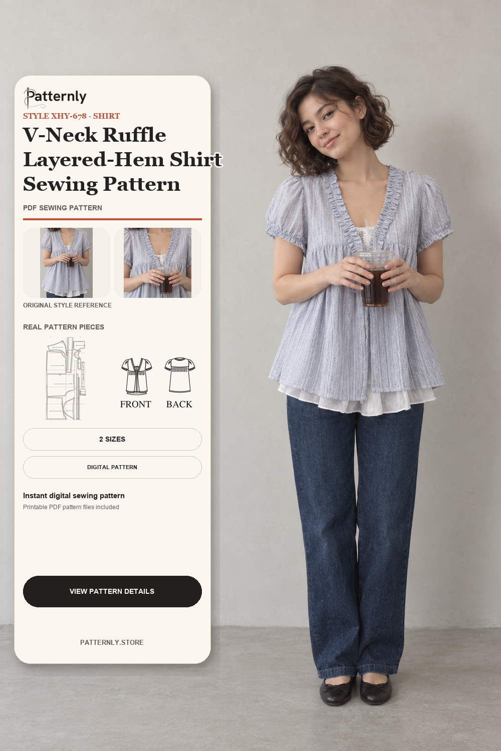 V-Neck Ruffle Layered-Hem Shirt Sewing Pattern cover