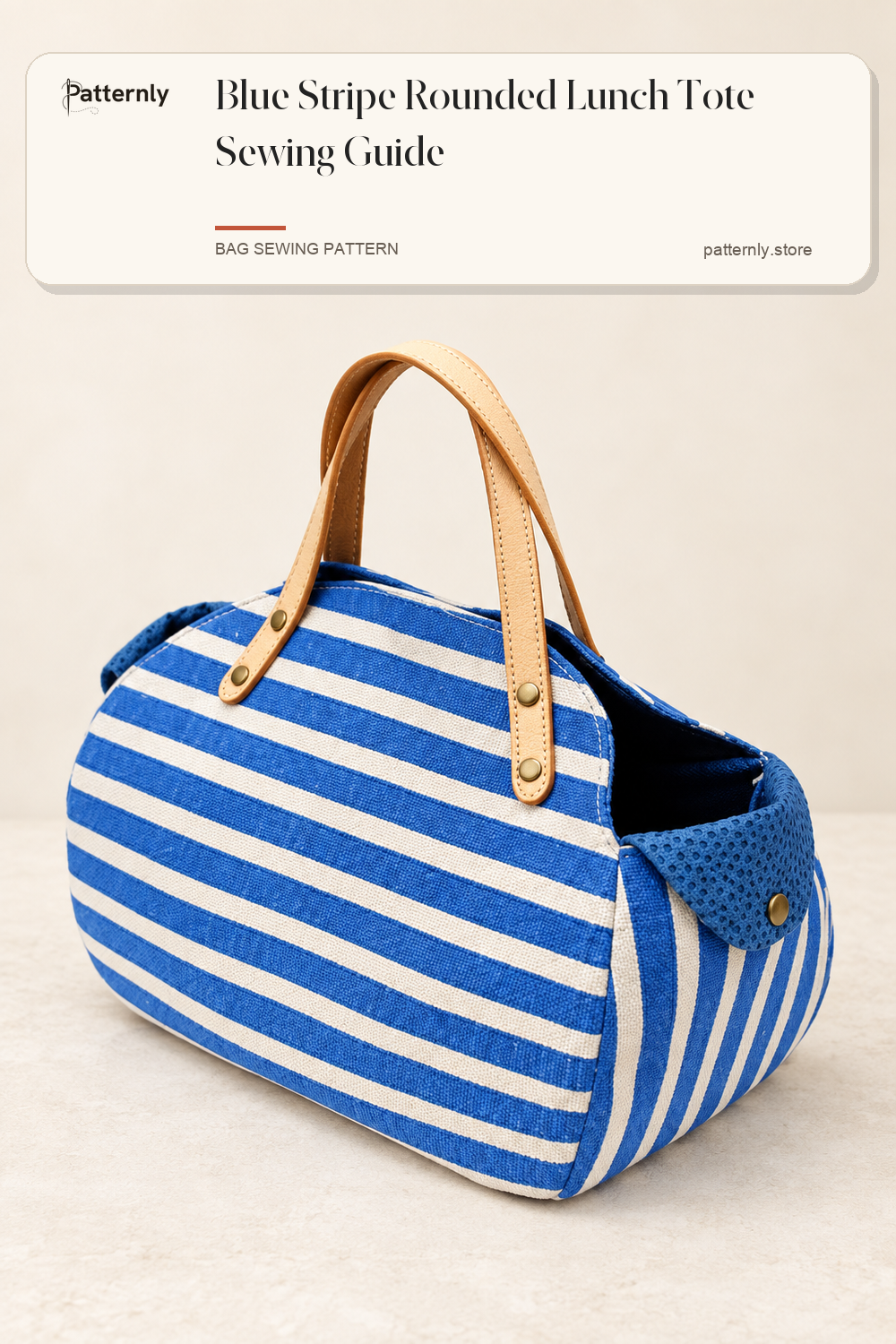 Blue Stripe Rounded Lunch Tote Sewing Guide — finished bag sewing pattern preview