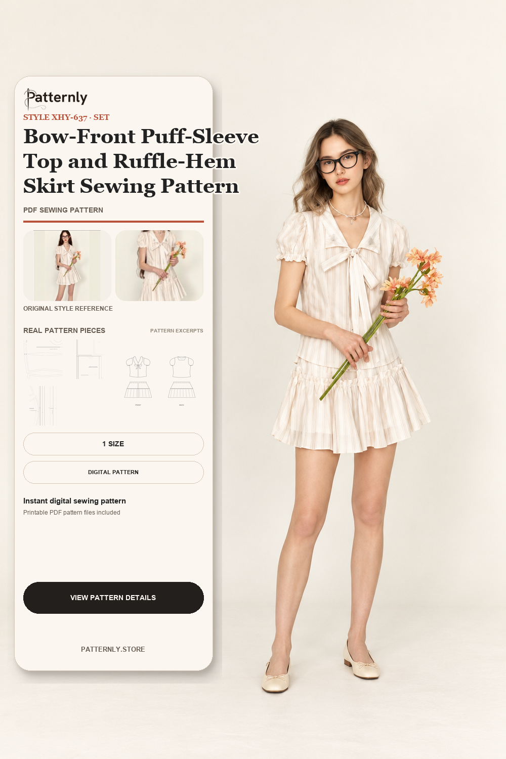 Bow-Front Puff-Sleeve Top and Ruffle-Hem Skirt Sewing Pattern cover