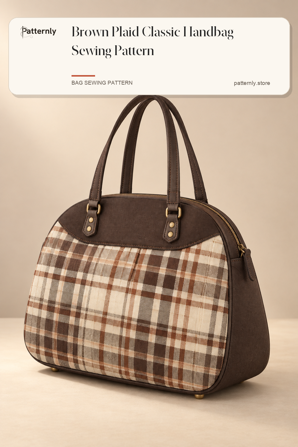 Brown Plaid Classic Handbag Sewing Pattern — finished bag sewing pattern preview