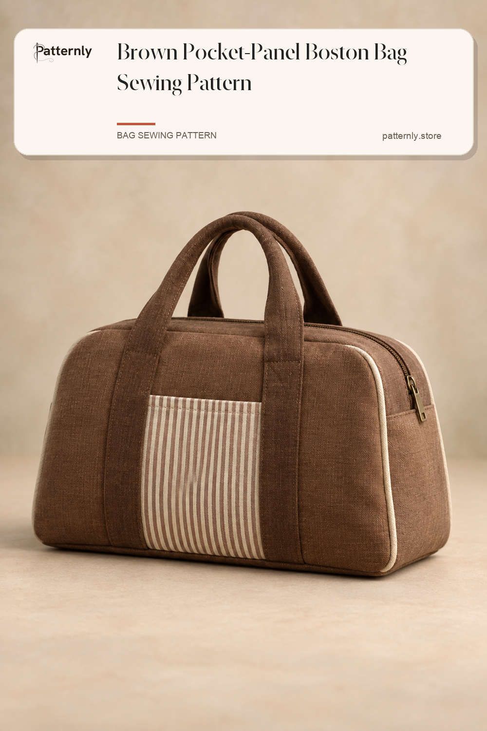Brown Pocket-Panel Boston Bag Sewing Pattern — finished bag sewing pattern preview