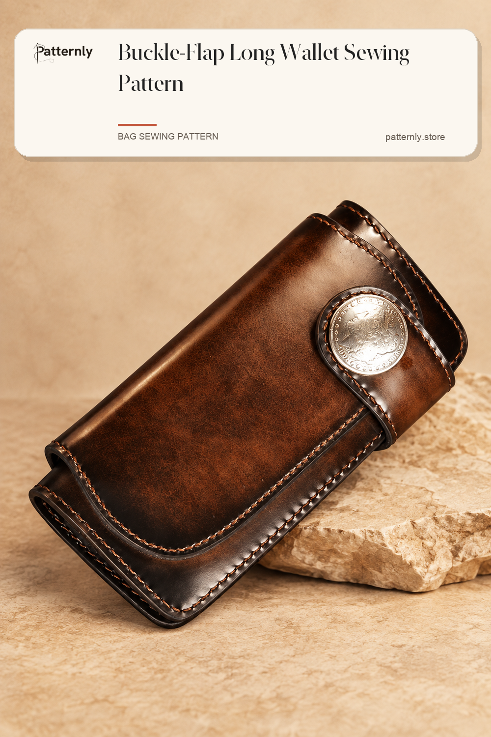 Buckle-Flap Long Wallet Sewing Pattern — finished leather accessory sewing pattern preview