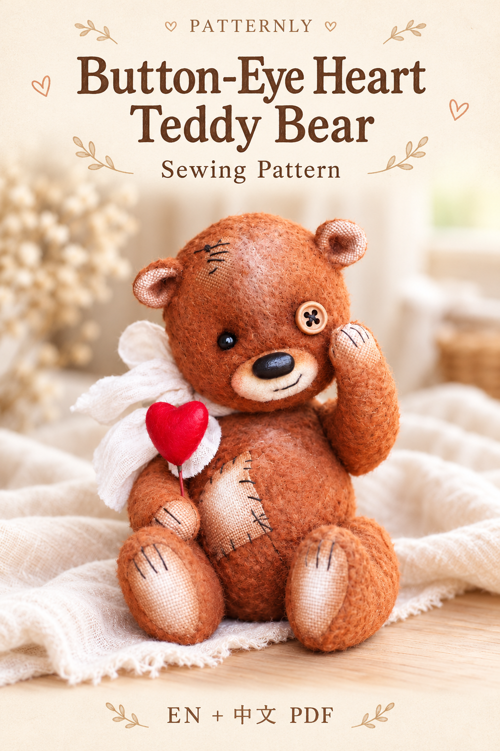 Button-Eye Heart Teddy Bear Sewing Pattern, photographed in a warm handmade-toy setting. English and Chinese PDF pattern.