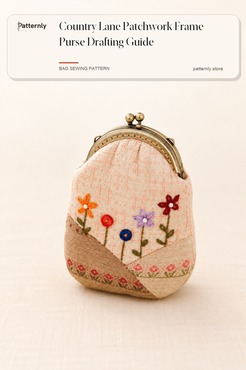 Country Lane Patchwork Frame Purse Drafting Guide — finished bag sewing pattern preview