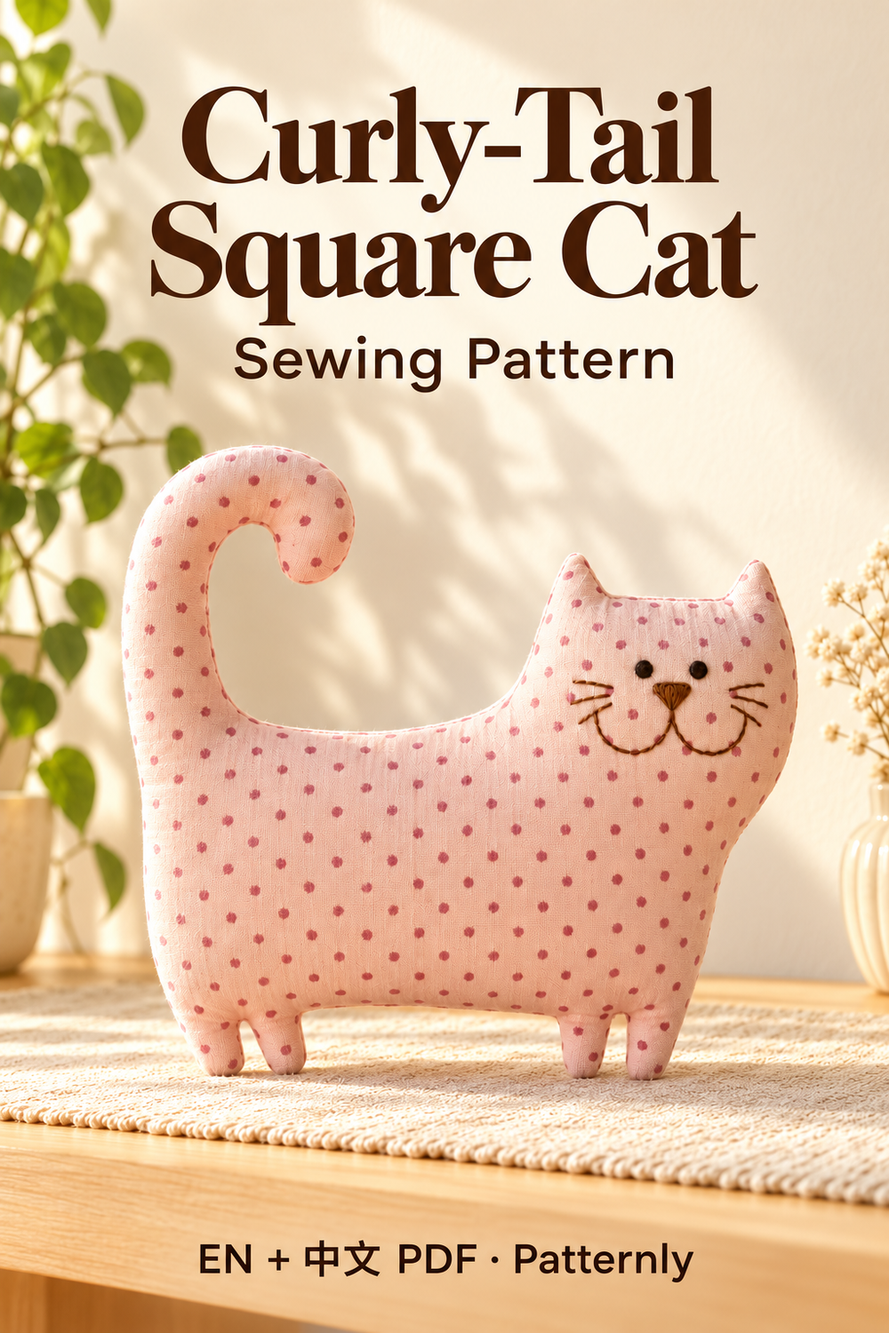 Curly-Tail Square Cat Sewing Pattern, in a warm handmade craft setting. English and Chinese PDF pattern.