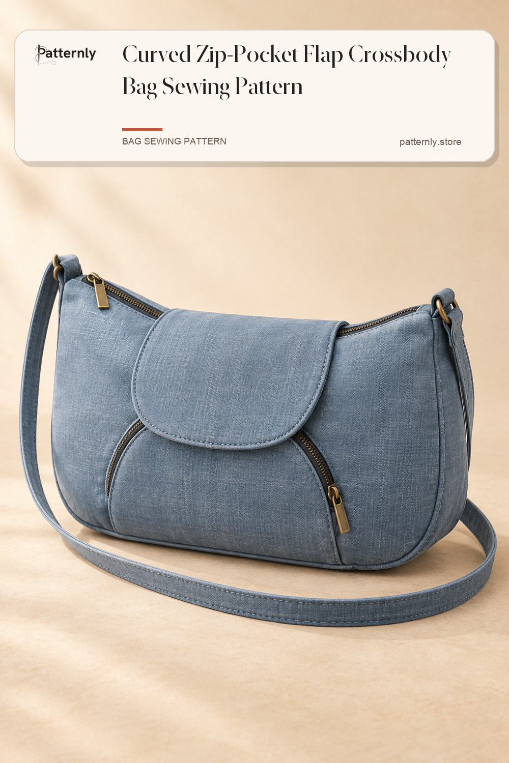 Curved Zip-Pocket Flap Crossbody Bag Sewing Pattern — finished bag sewing pattern preview