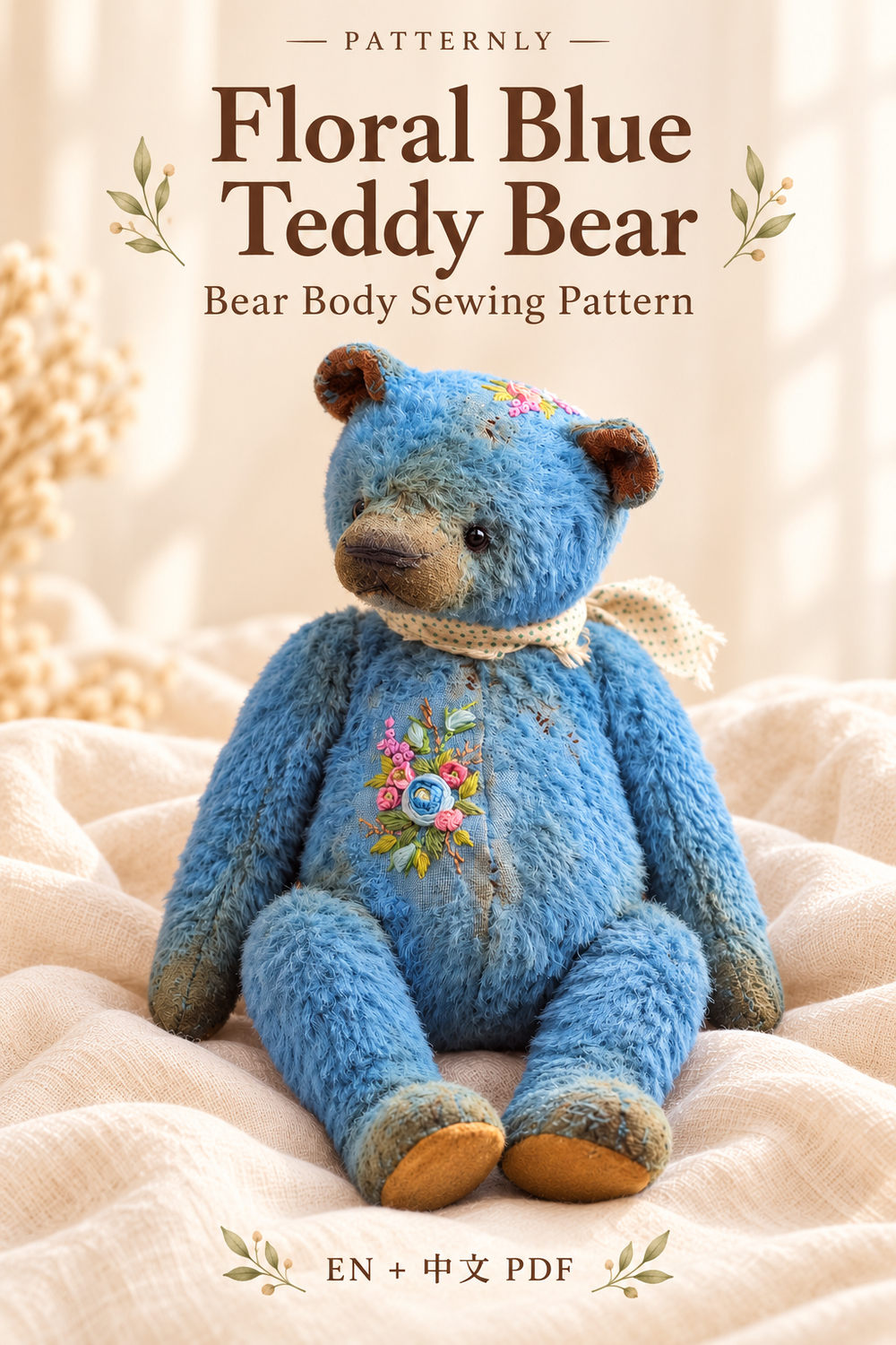 Floral Blue Teddy Bear Sewing Pattern cover