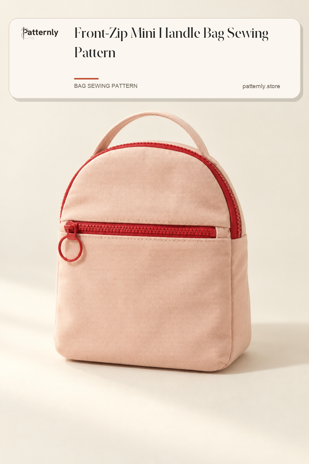 Front-Zip Mini Handle Bag Sewing Pattern — finished bag sewing pattern preview