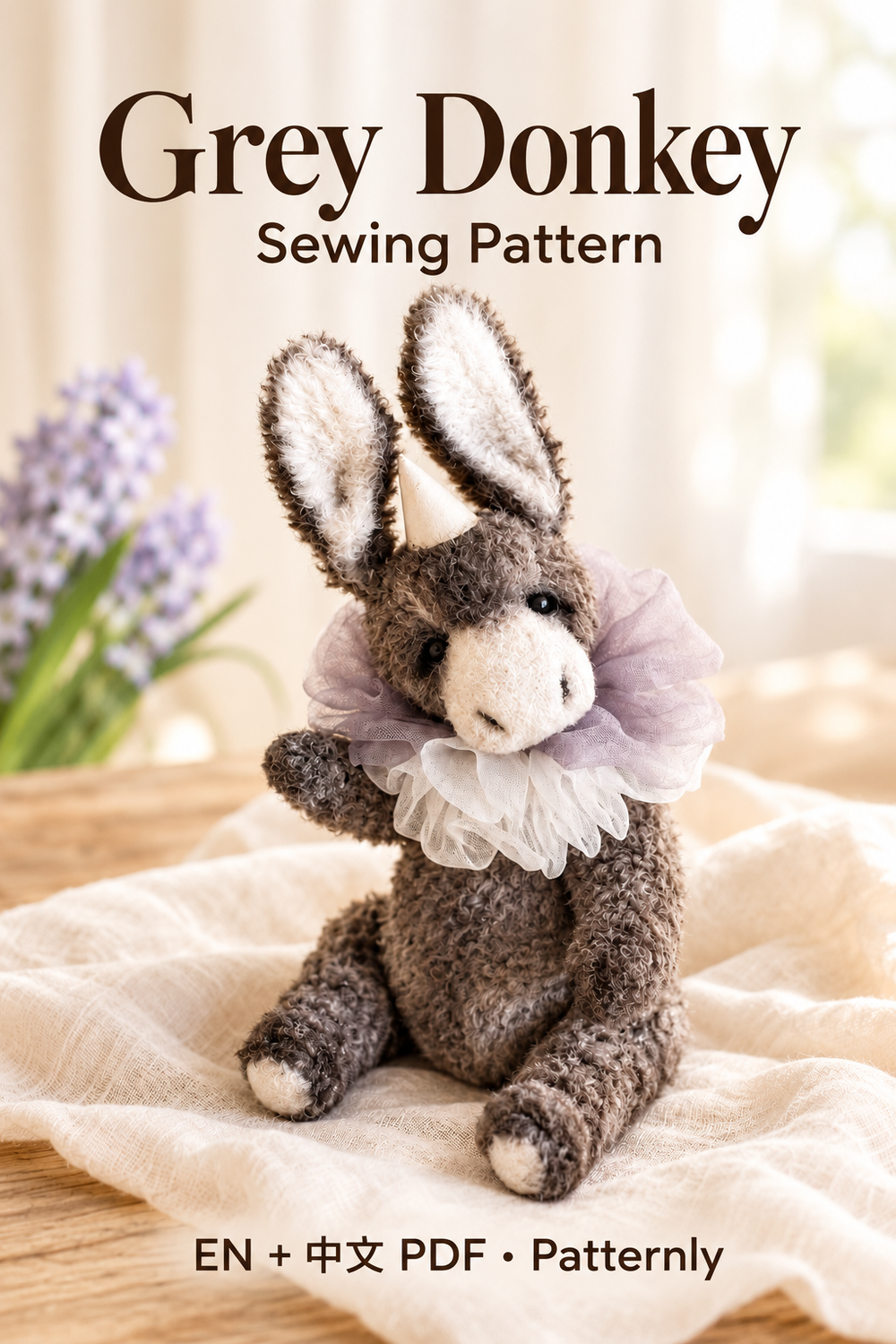 Grey Donkey Sewing Pattern, in a warm handmade craft setting. English and Chinese PDF pattern.