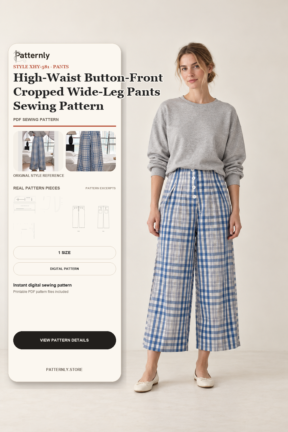 High-Waist Button-Front Cropped Wide-Leg Pants Sewing Pattern cover