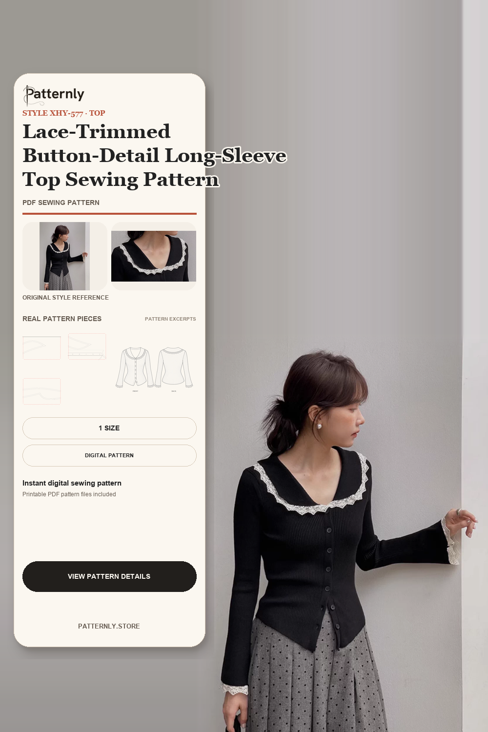 Lace-Trimmed Button-Detail Long-Sleeve Top Sewing Pattern cover