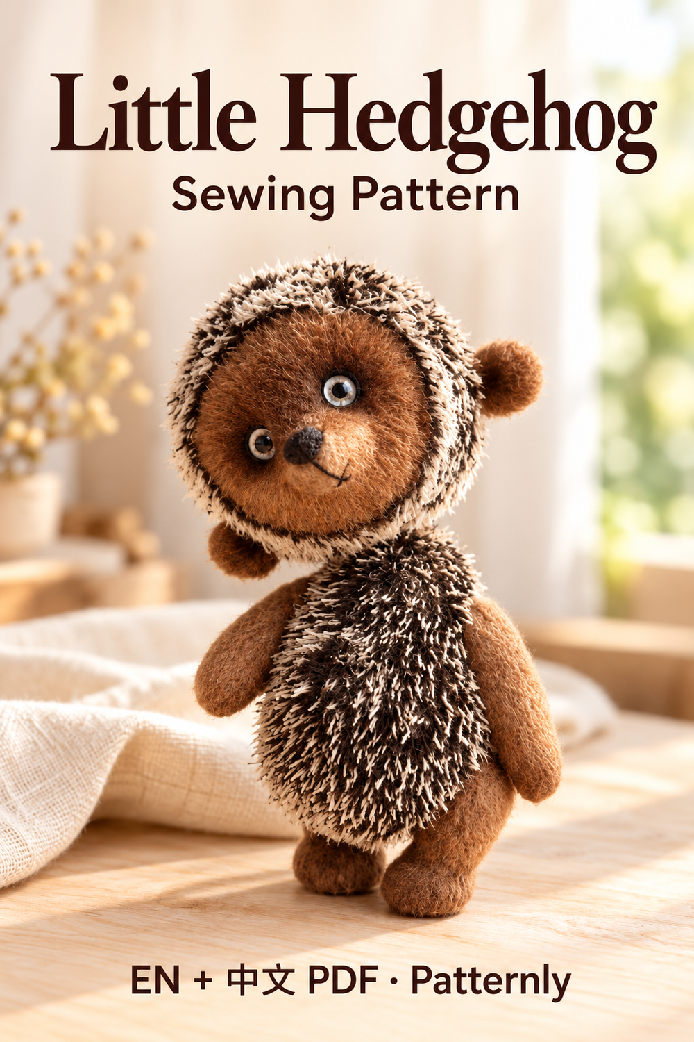 Little Hedgehog Sewing Pattern, in a warm handmade craft setting. English and Chinese PDF pattern.