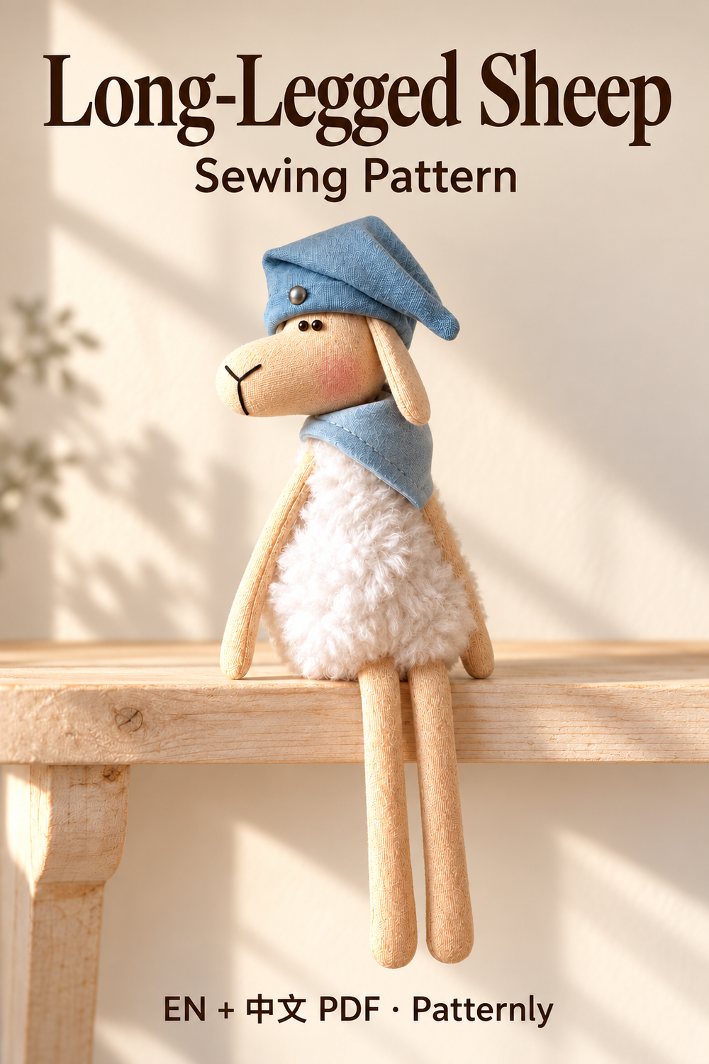 Long-Legged Sheep Sewing Pattern, in a warm handmade craft setting. English and Chinese PDF pattern.