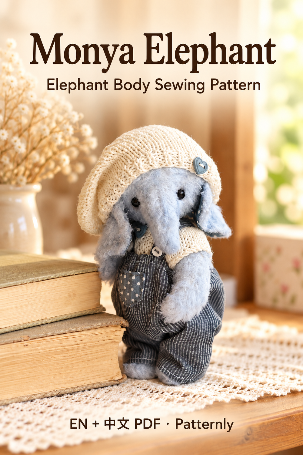 Monya Elephant Sewing Pattern, in a warm handmade craft setting. English and Chinese PDF pattern.