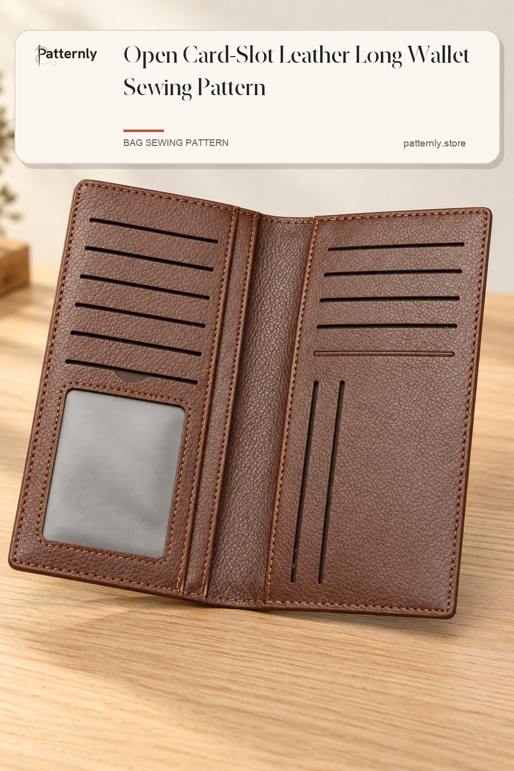 Open Card-Slot Leather Long Wallet Sewing Pattern cover