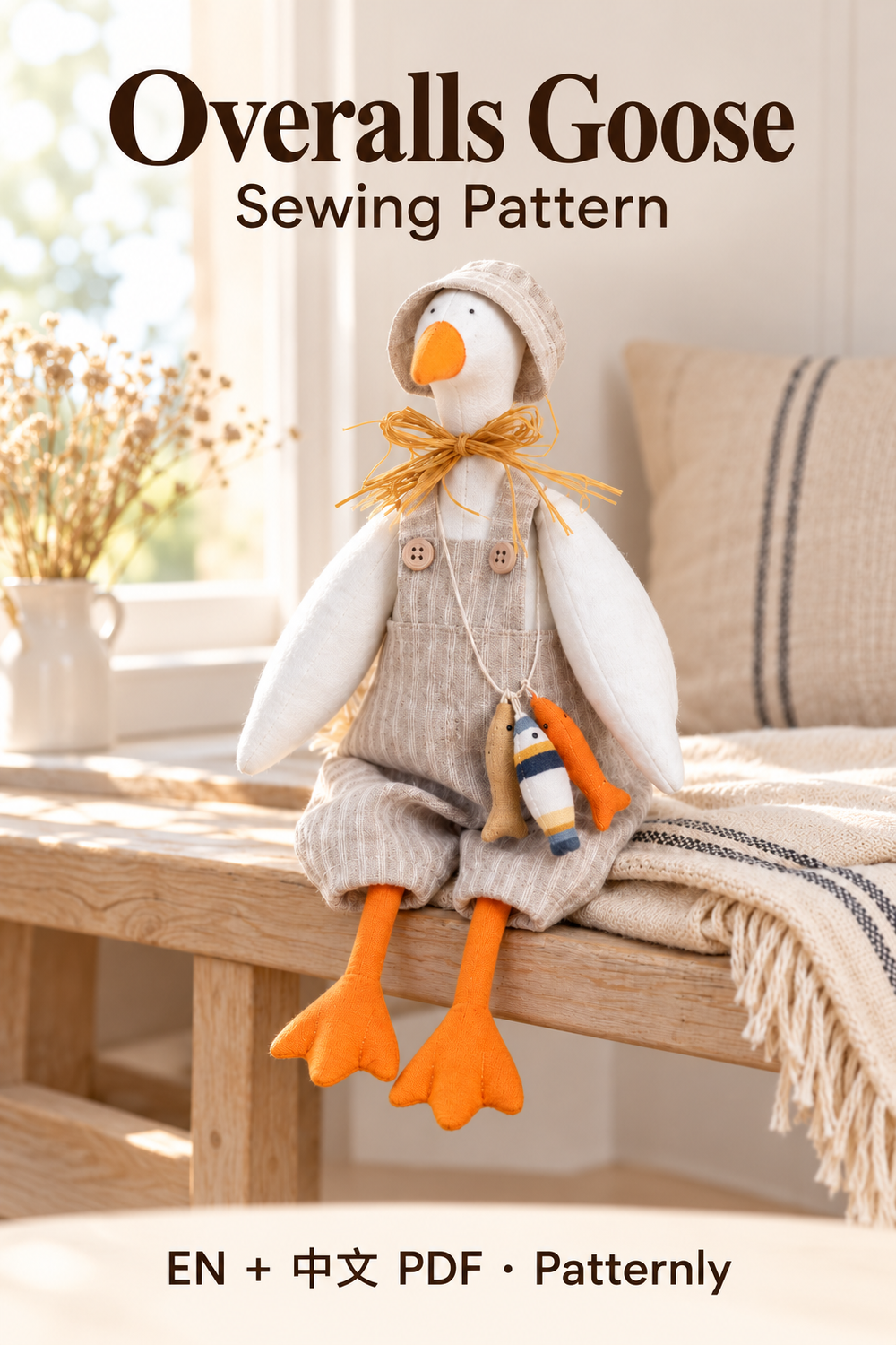 Overalls Goose Sewing Pattern, in a warm handmade craft setting. English and Chinese PDF pattern.