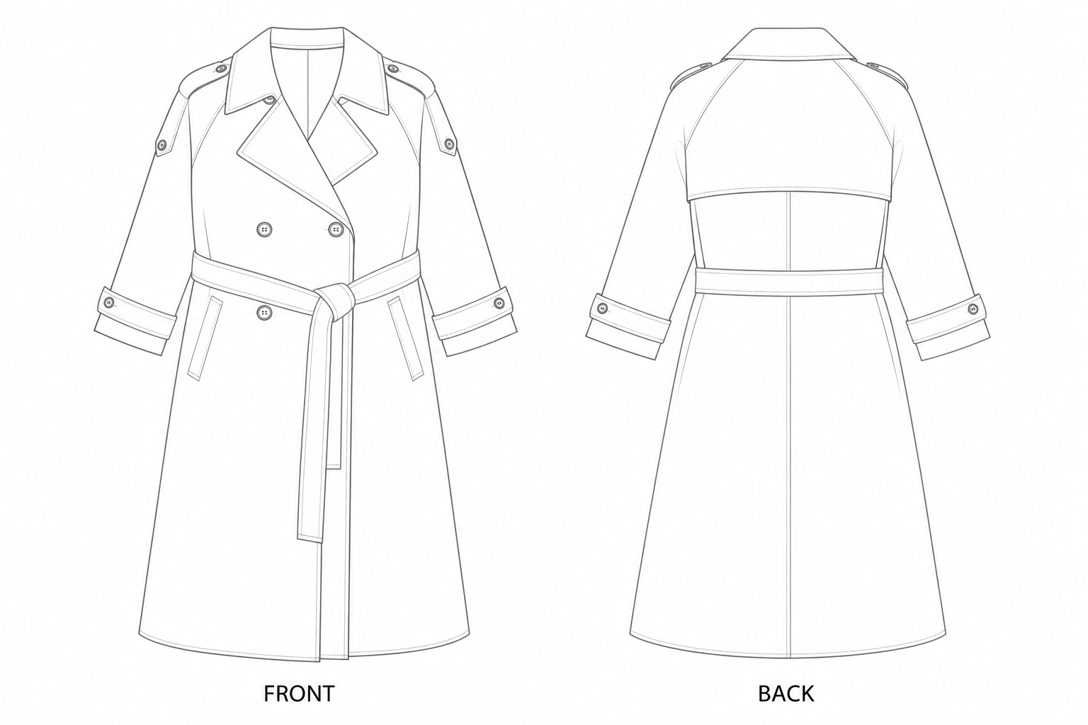 002 Coat Sewing Pattern | Women's Red Trench Coat front and back technical drawing