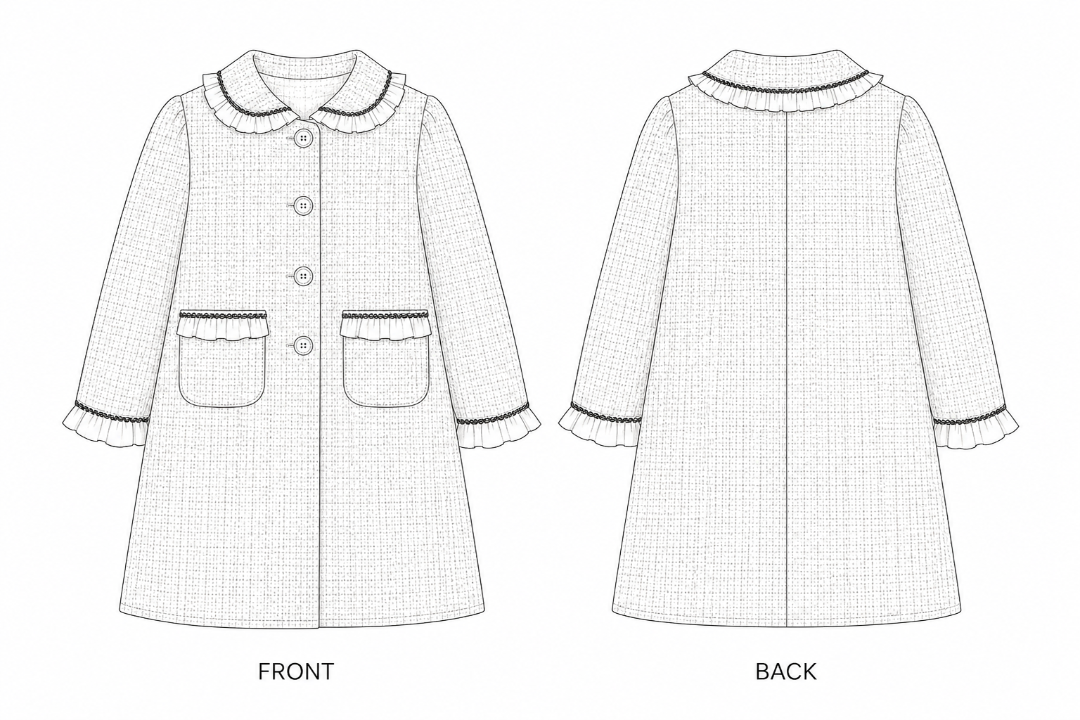 0242A6 Coat Sewing Pattern | Girls Tweed Long Coat front and back technical drawing