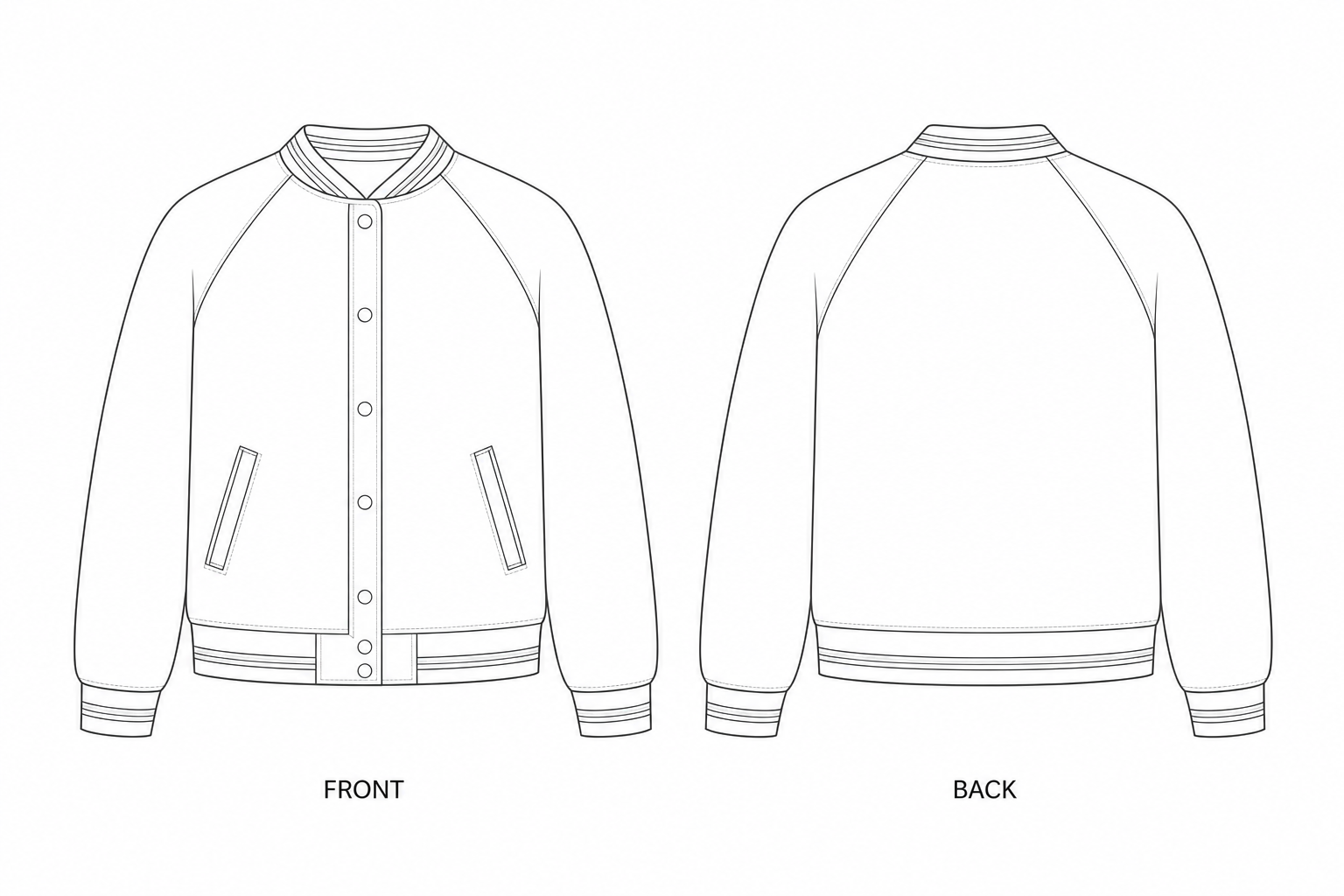 056F2C Jacket Sewing Pattern | Women's Color Block Varsity Jacket front and back technical drawing