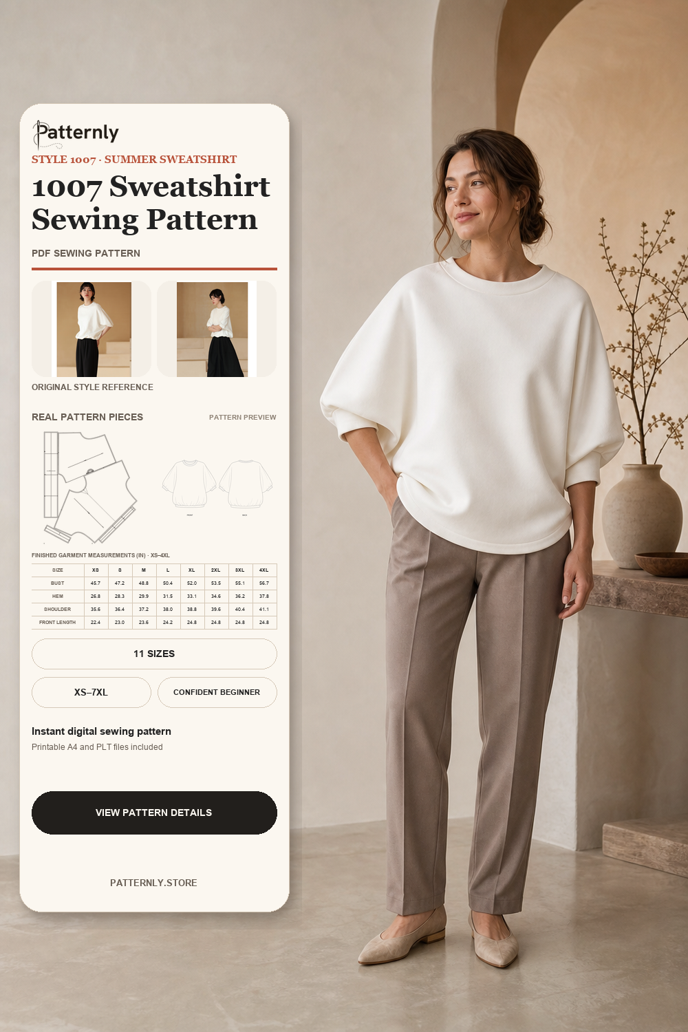 Women's Elbow-Sleeve Batwing Sweatshirt Sewing Pattern 1007 cover