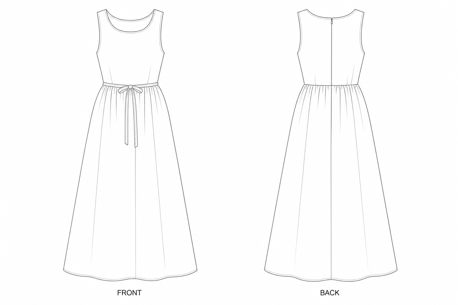 1018 Dress Sewing Pattern | Caramel Pinafore Midi Dress front and back technical drawing